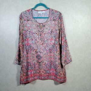 02566 Love Kyla multi-color paisley silk blend blouse w/floral embroidery XL